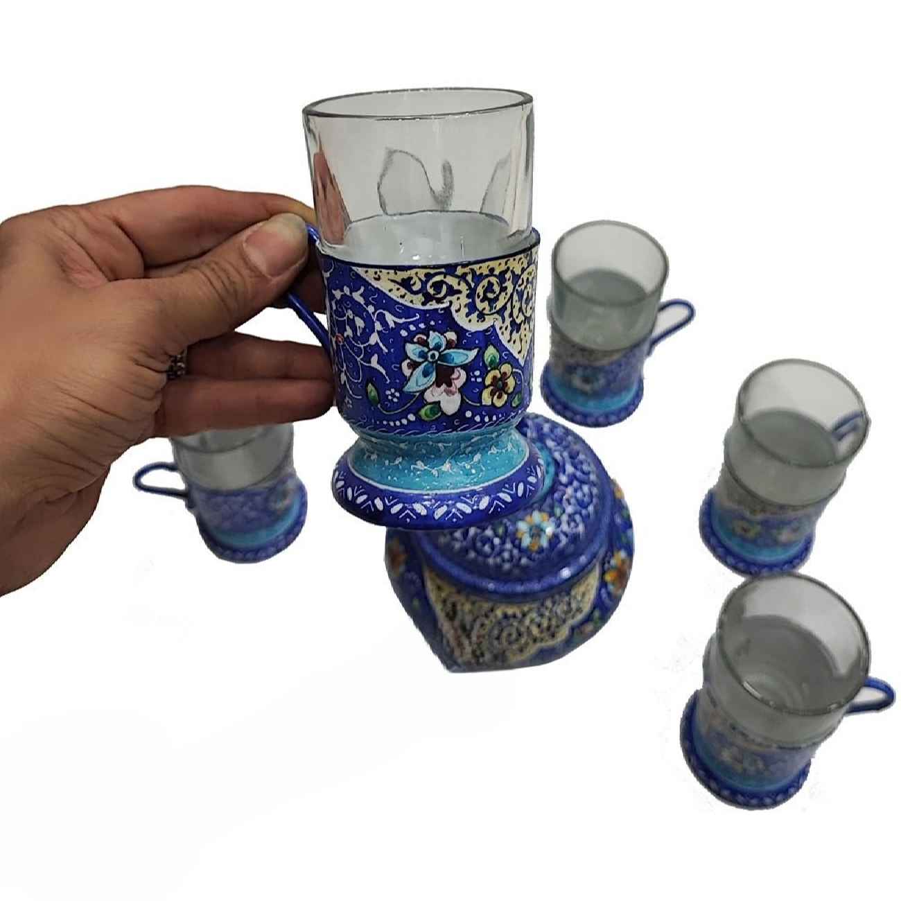 سرویس چایخوری مسی دست ساز ایرانی – میناکاری آبی