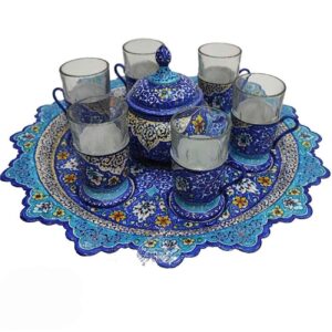 سرویس چایخوری مسی دست ساز ایرانی – میناکاری آبی