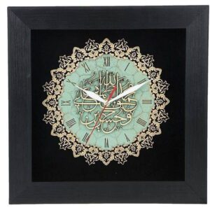 ساعت دکوری اسلامی با طرح چهارده معصوم منبت کاری شده روی چوب