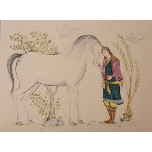 نقاشی مینیاتور اصیل ایرانی: آبرنگ و گواش روی مقوا – پسر و اسب