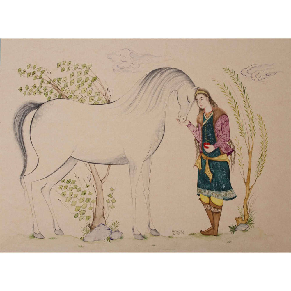 نقاشی مینیاتور اصیل ایرانی: آبرنگ و گواش روی مقوا – پسر و اسب