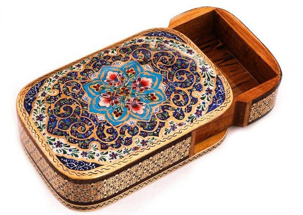 جعبه کارت بازی چوبی ایرانی – بهشت میناکاری شده با خاتم