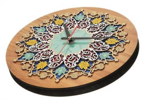 ساعت دیواری چوبی خاتمکاری شده دستساز ایرانی با طرح گل
