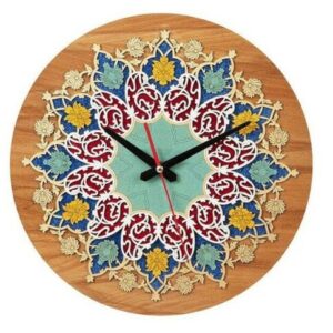 ساعت دیواری چوبی خاتم‌کاری شده دست‌ساز ایرانی با طرح گل