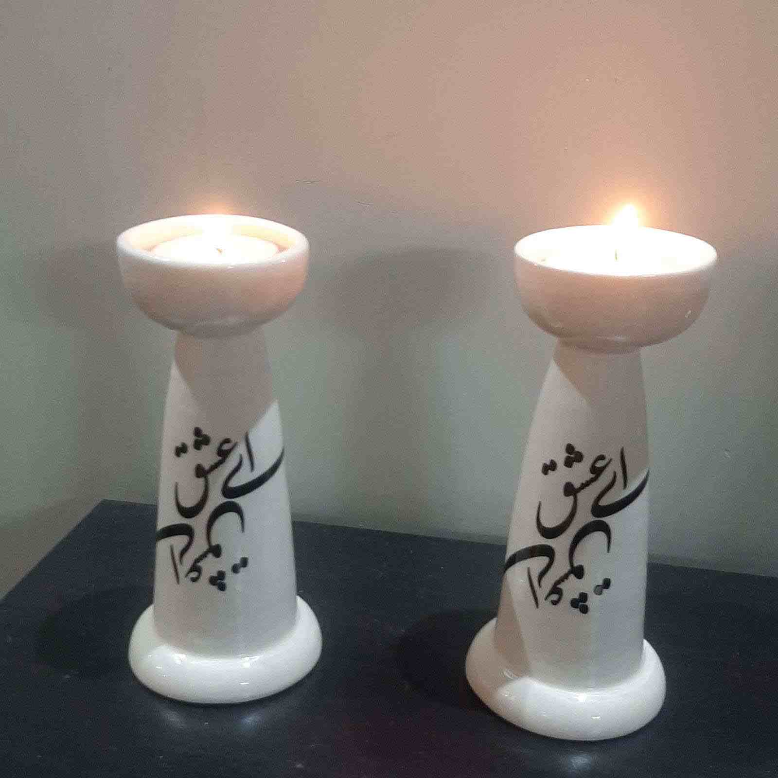 شمعدان سرامیکی ایرانی با طرح خوشنویسی مشق