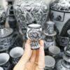 فنجان قهوه سنگی دست‌ساز با پایه و طرح گل، دو تکه