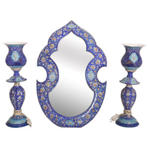 سرویس قاب آینه و شمعدان مسی ایرانی – طرح میناکاری
