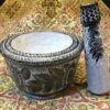 هاون سنگی و دسته هاون با طرح گل‌های سنتی ایرانی سیاه قلم