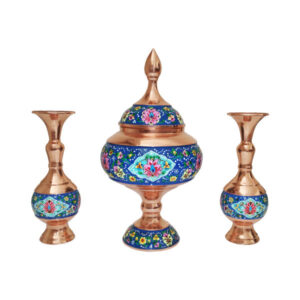 قندان مسی دست ساز ایرانی با درب و گلدان – طرح نیلوفر آبی میناکاری شده