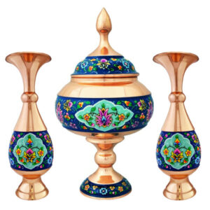 قندان مسی دست ساز ایرانی با درب و گلدان – گل میناکاری شده