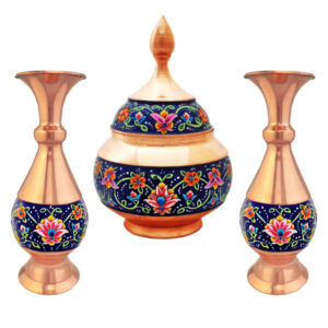 قندان مسی دست ساز ایرانی با درب و گلدان – میناکاری