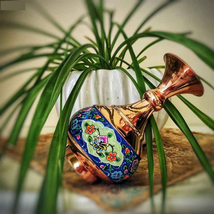 قندان مسی دستساز ایرانی با درب و گلدان – میناکاری پرداز