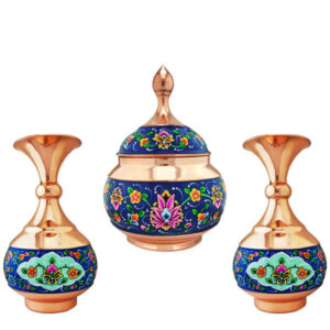 قندان مسی دست‌ساز ایرانی با درب و گلدان – میناکاری پرداز