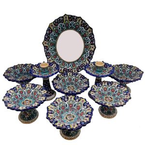 هفت سین سفالی زیبا و میناکاری شده برای عید نوروز، آبی تیره