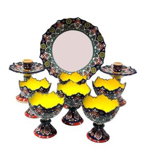هفت سین سفالی زیبا و میناکاری شده برای عید نوروز به رنگ زرد