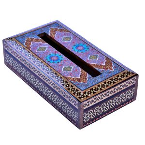 جلد جعبه دستمال کاغذی چوبی دست‌ساز ایرانی – خاتم‌کاری اسکای