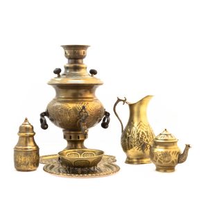 سماور برنجی ایرانی، چای‌ساز زغالی تزئینی طرح گل، ۲ لیتری