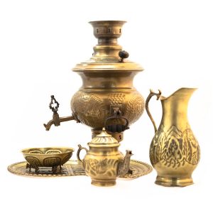 سماور برنجی ایرانی، چای‌ساز زغالی تزئینی طرح گل، ۲ لیتری