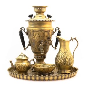 سماور برنجی ایرانی، چای‌ساز زغالی تزئینی طرح گل، ۴ لیتری