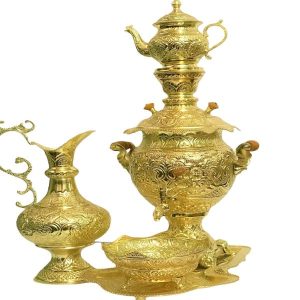 سماور برنجی ایرانی، چای‌ساز زغالی تزئینی طرح گل، ۴ لیتری