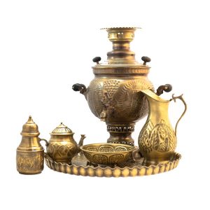 سماور برنجی ایرانی، چای‌ساز زغالی تزئینی طرح گل، ۶ لیتری
