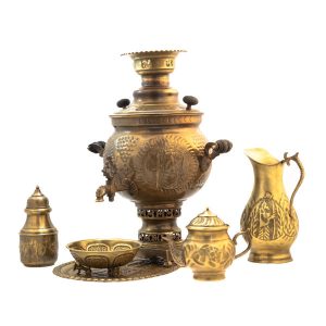 سماور برنجی ایرانی، چای‌ساز زغالی تزئینی طرح گل، ۶ لیتری