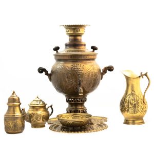سماور برنجی ایرانی، چای‌ساز زغالی تزئینی طرح گل، ۶ لیتری