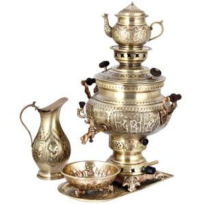 سماور گازی برنجی ایرانی طرح سنتی چای ساز طرح هخامنشی ۸ لیتری