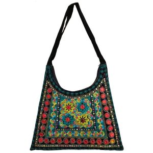 کیف دوشی جیر طرح بوهمی طرح گلزار گلدوزی شده