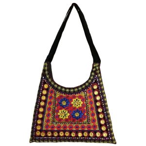 کیف دوشی جیر طرح بوهمی طرح قومی گلدوزی شده گلزار ۱