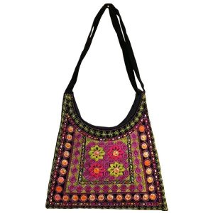 کیف دوشی جیر طرح بوهمی طرح کریمی گلدوزی شده
