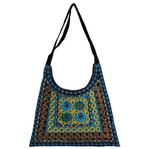 کیف دوشی جیر طرح بوهمی طرح سنتی کریمی گلدوزی شده ۱