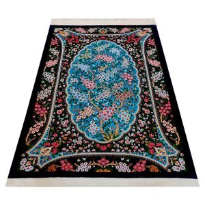 فرش دستباف قم طرح بهشت (گل‌دار) – کرک فیروزه‌ای