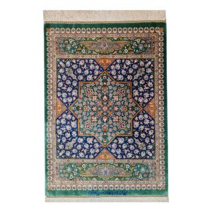 فرش دستباف ابریشم قم طرح گل‌دار پیچیده – سبز