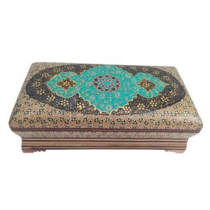جعبه جواهرات چوبی دست‌ساز با طرح خاتم ایرانی – کمانی