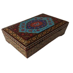 جعبه جواهرات چوبی دست ساز با طرح خاتم ایرانی – گل رز