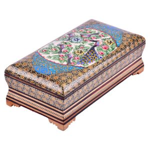 جعبه جواهرات چوبی دست‌ساز با طرح خاتم ایرانی – طبیعت