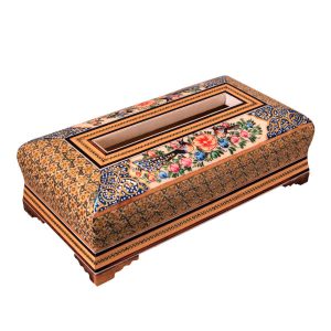 روکش جعبه دستمال کاغذی چوبی دست‌ساز ایرانی – خاتم‌کاری اهورا