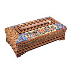 روکش جعبه دستمال کاغذی چوبی دست‌ساز ایرانی – خاتم‌کاری آلما