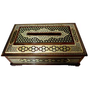 روکش جعبه دستمال کاغذی چوبی دست‌ساز ایرانی – خاتم‌کاری طلایی