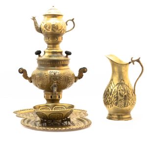 سماور برنجی ایرانی، چای‌ساز زغالی تزئینی طرح گل، ۲ لیتری