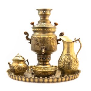 سماور برنجی ایرانی، چای‌ساز زغالی تزئینی طرح گل، ۳ لیتری