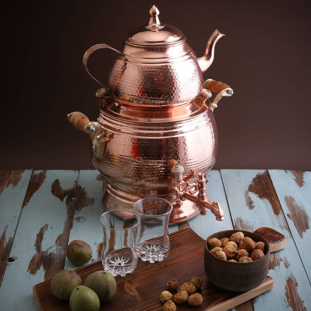 چای ساز سماور مسی ایرانی با قوری مدل درنا