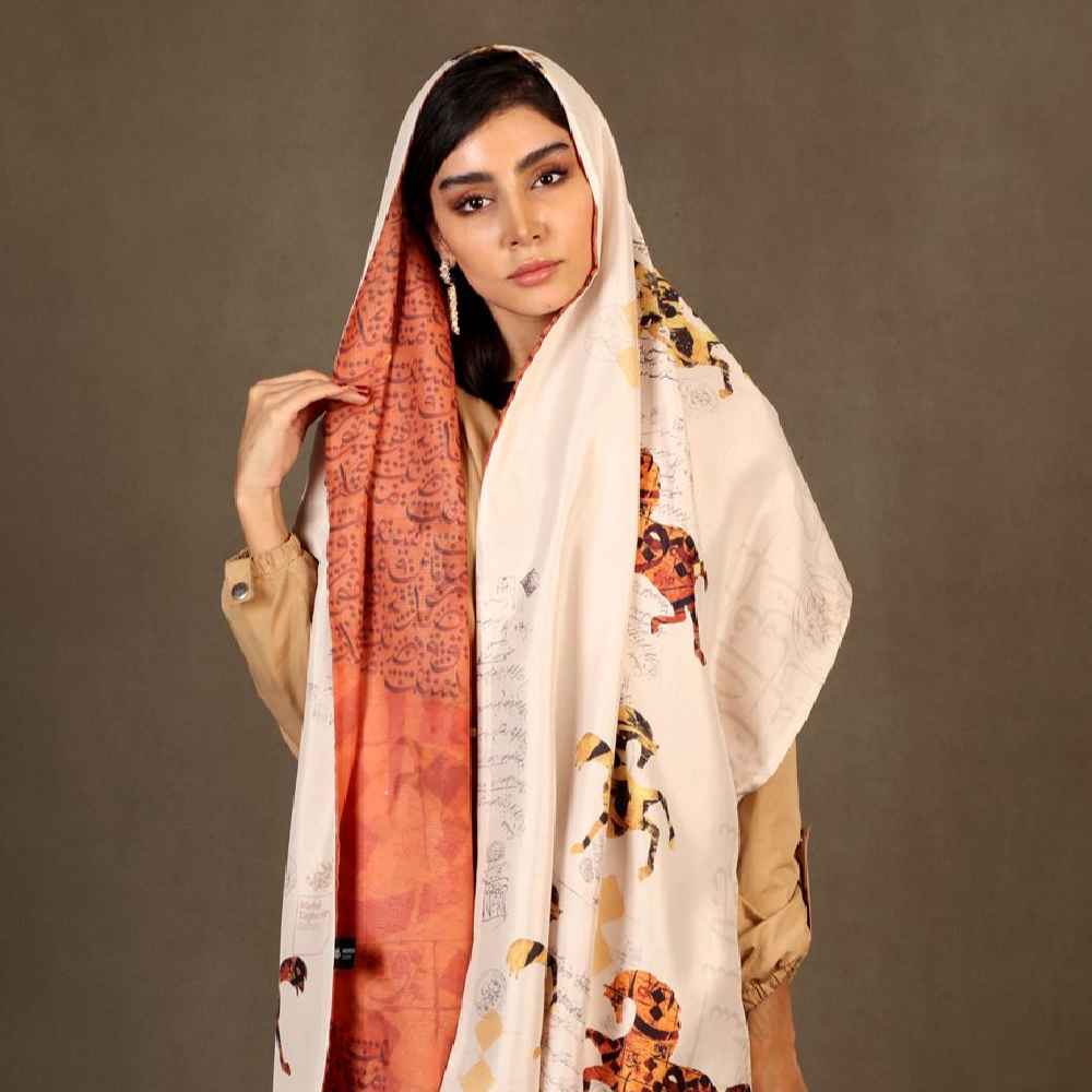 شال ابریشمی چاپی دو رو طرح خوشنویسی هنری نسیم