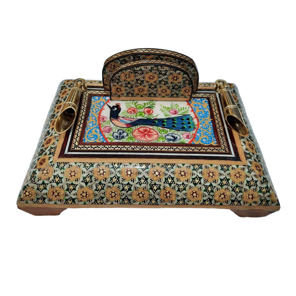 قلمدان چوبی – طرح طاووس در هنر خاتمکاری
