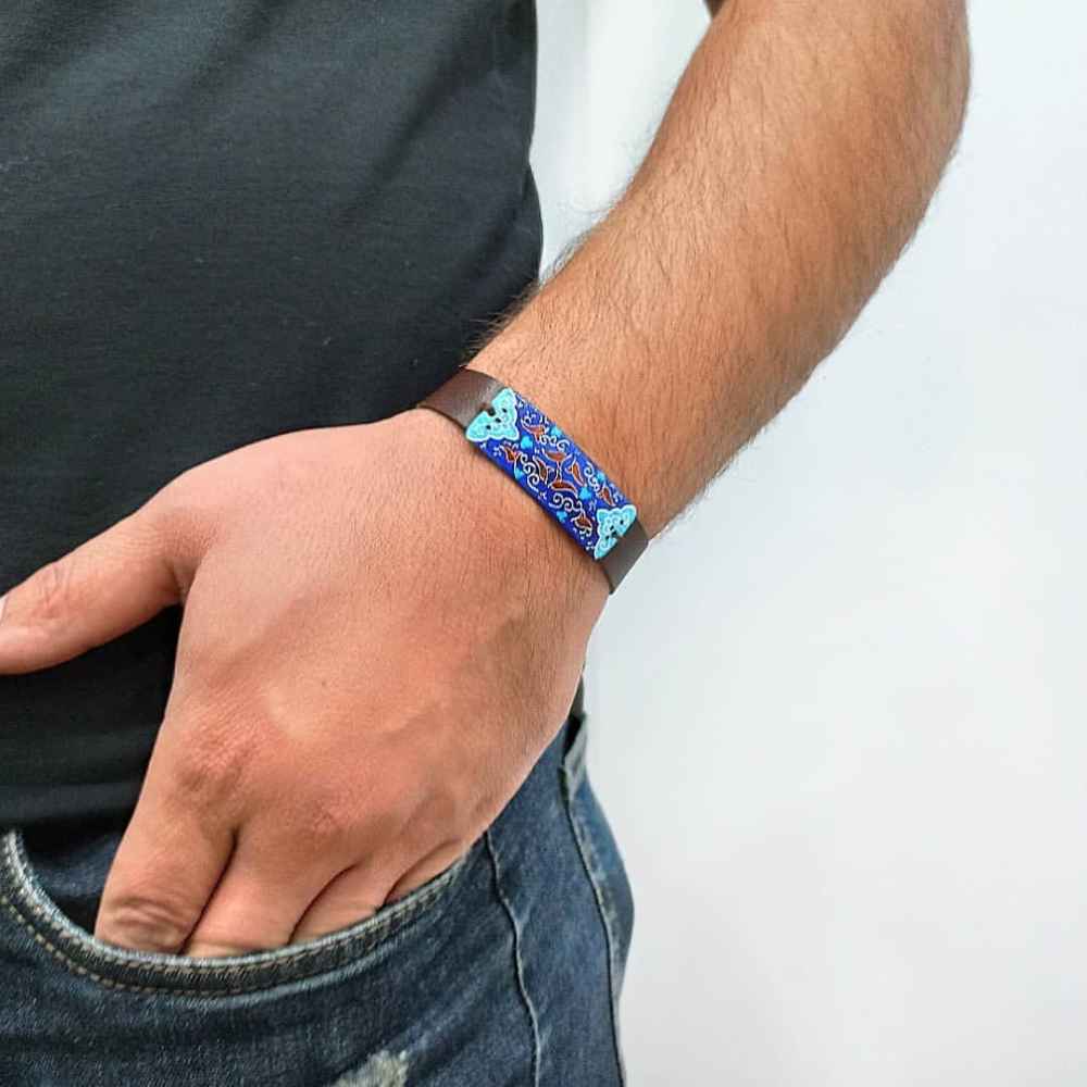 دستبند چرم و مس میناکاری – هنری اخگر