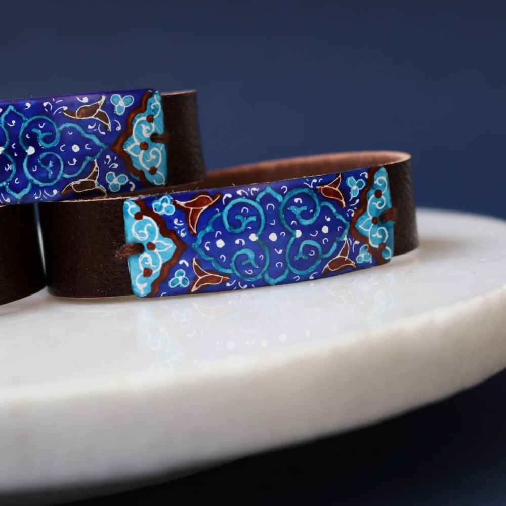 دستبند چرم و مس میناکاری – هنری رایکا