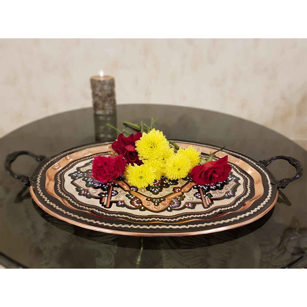سینی مسی تزئینی حکاکی شده و چکش کاری شده با هنر رعنای ایرانی