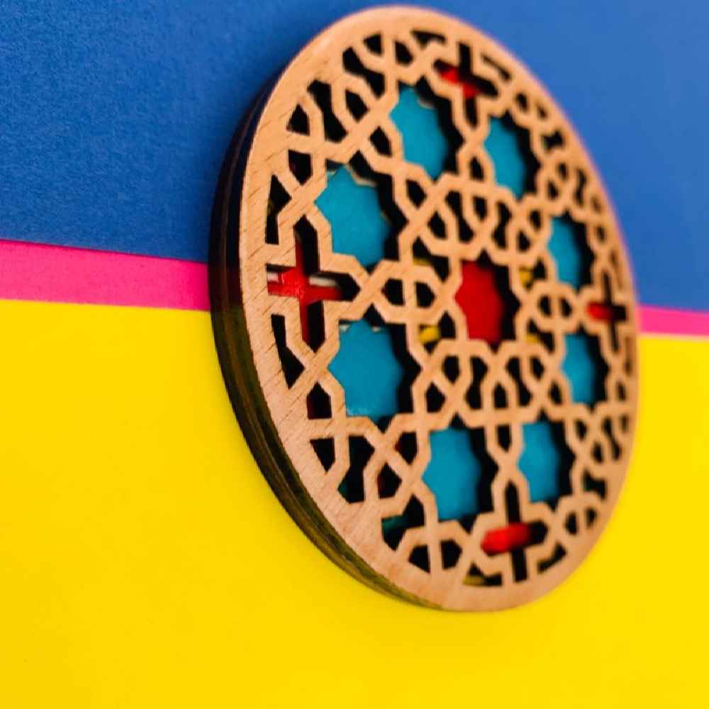ست دو عددی زیر لیوانی چوبی هندسی – نقوش افرا، استایل بوهو