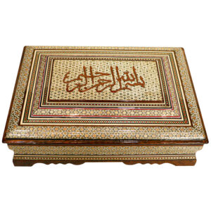 جعبه قرآن چوبی زیبا – خاتم میناکاری شده با روکش مخمل مدل علی